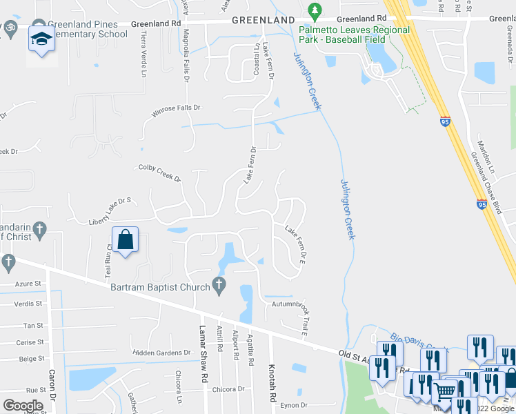 map of restaurants, bars, coffee shops, grocery stores, and more near 12137 Lake Fern Drive in Jacksonville