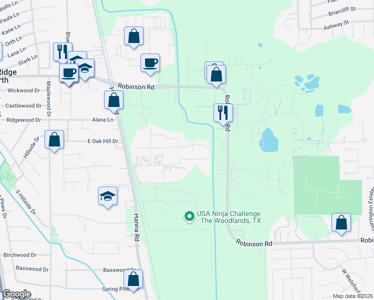 map of restaurants, bars, coffee shops, grocery stores, and more near 11240 Hillridge Drive in Conroe