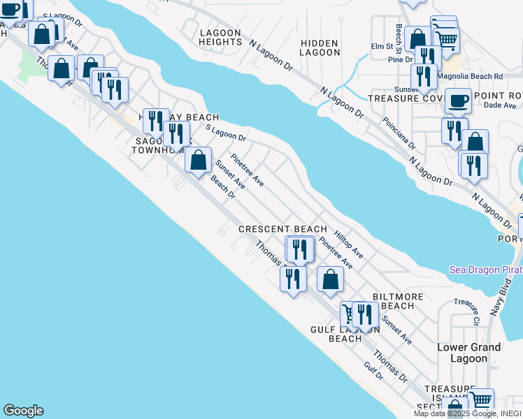 map of restaurants, bars, coffee shops, grocery stores, and more near 6218 Beach Drive in Panama City Beach