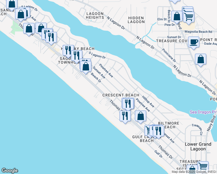 map of restaurants, bars, coffee shops, grocery stores, and more near 6218 Beach Drive in Panama City Beach