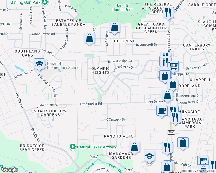 map of restaurants, bars, coffee shops, grocery stores, and more near 2609 Marcus Abrams Boulevard in Austin