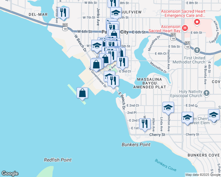 map of restaurants, bars, coffee shops, grocery stores, and more near 200 East Beach Drive in Panama City