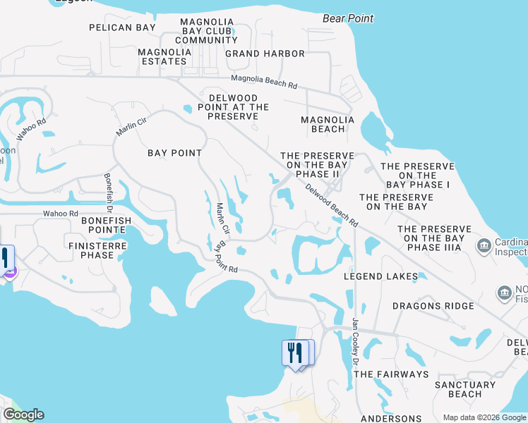 map of restaurants, bars, coffee shops, grocery stores, and more near 4300 Bay Point Road in Panama City Beach