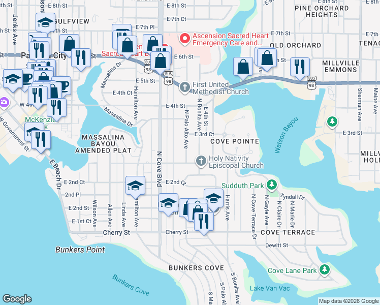 map of restaurants, bars, coffee shops, grocery stores, and more near 306 North Palo Alto Avenue in Panama City