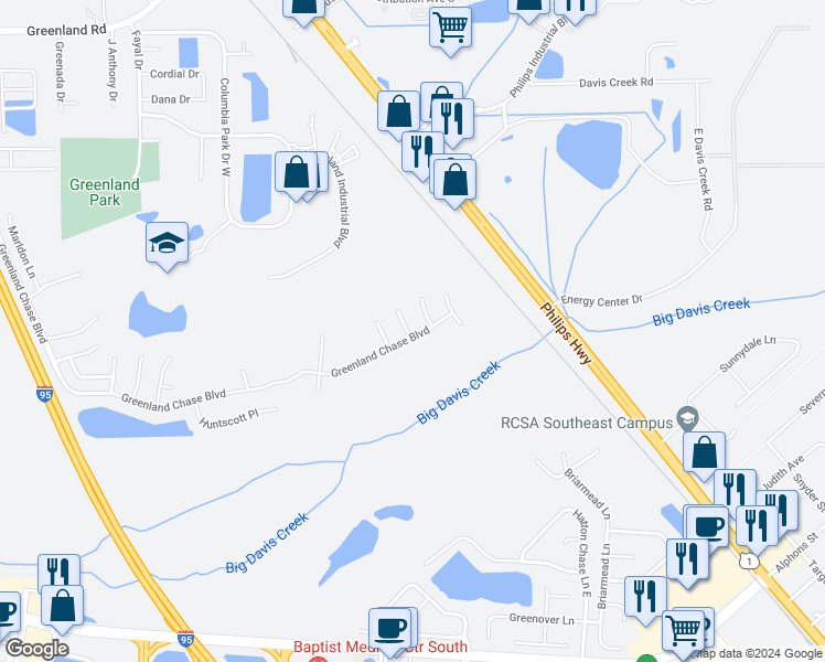 map of restaurants, bars, coffee shops, grocery stores, and more near 12199 Hazelmoor Court in Jacksonville