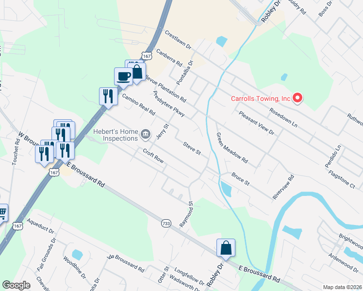 map of restaurants, bars, coffee shops, grocery stores, and more near 106 Steve Street in Lafayette