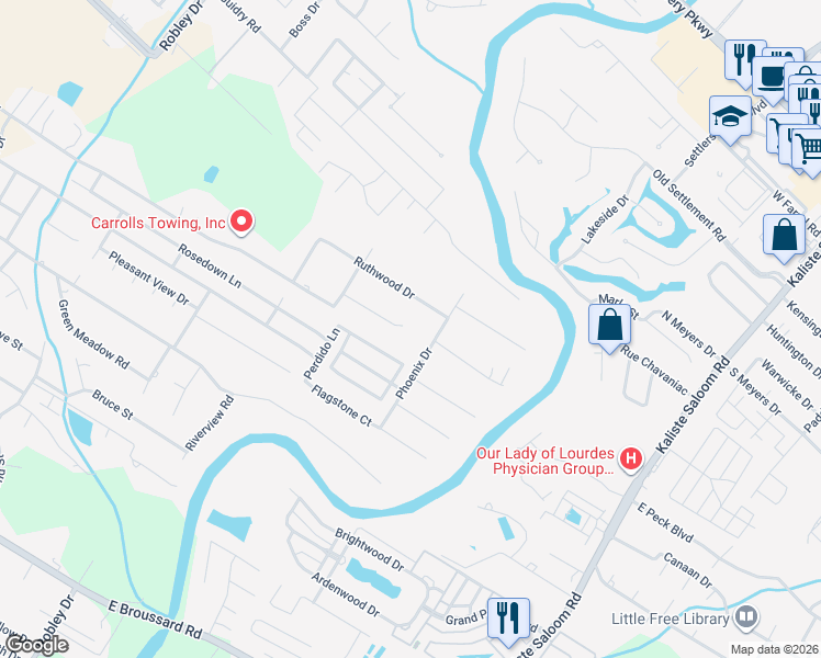 map of restaurants, bars, coffee shops, grocery stores, and more near 108 Redwing Circle in Lafayette