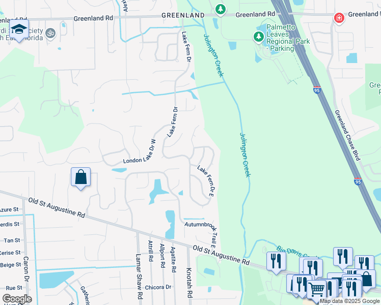 map of restaurants, bars, coffee shops, grocery stores, and more near 12082 Brandon Lake Drive in Jacksonville