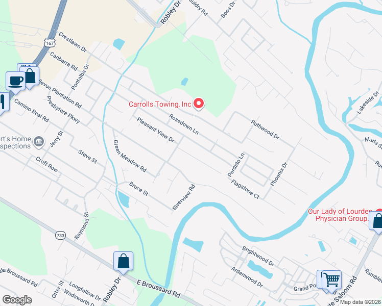 map of restaurants, bars, coffee shops, grocery stores, and more near 111 Metairie Court in Lafayette