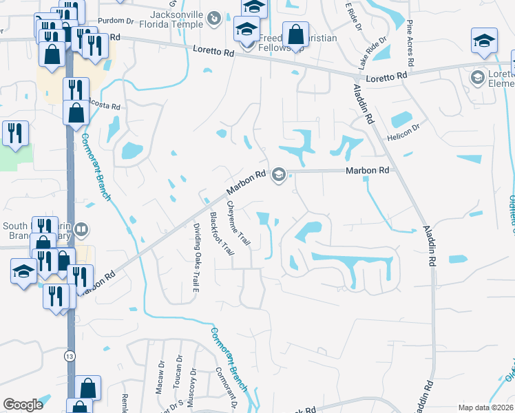 map of restaurants, bars, coffee shops, grocery stores, and more near 3382 Cheyenne Lane in Jacksonville