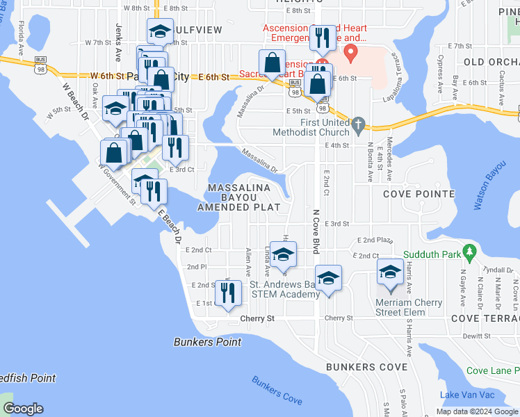 map of restaurants, bars, coffee shops, grocery stores, and more near 415 Linda Avenue in Panama City