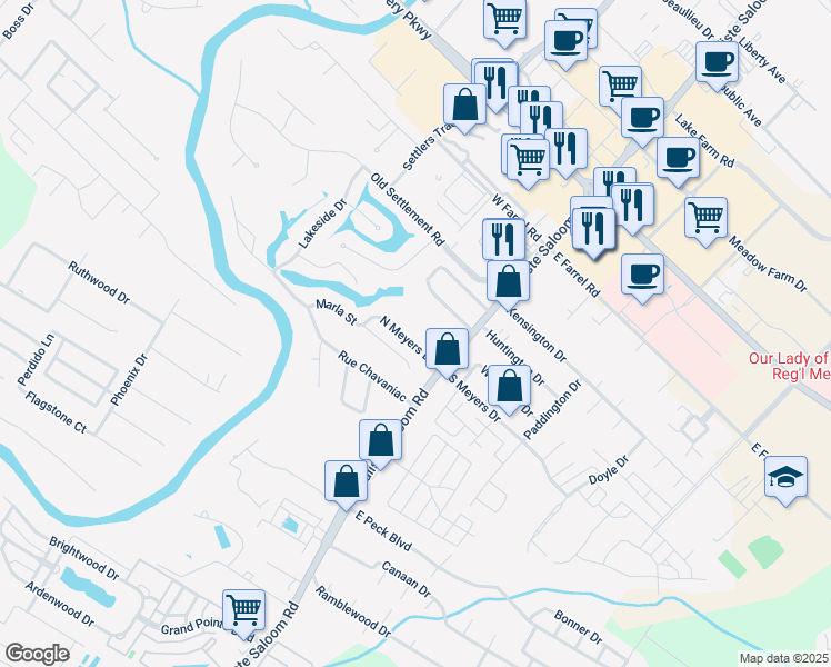 map of restaurants, bars, coffee shops, grocery stores, and more near 118 North Meyers Drive in Lafayette