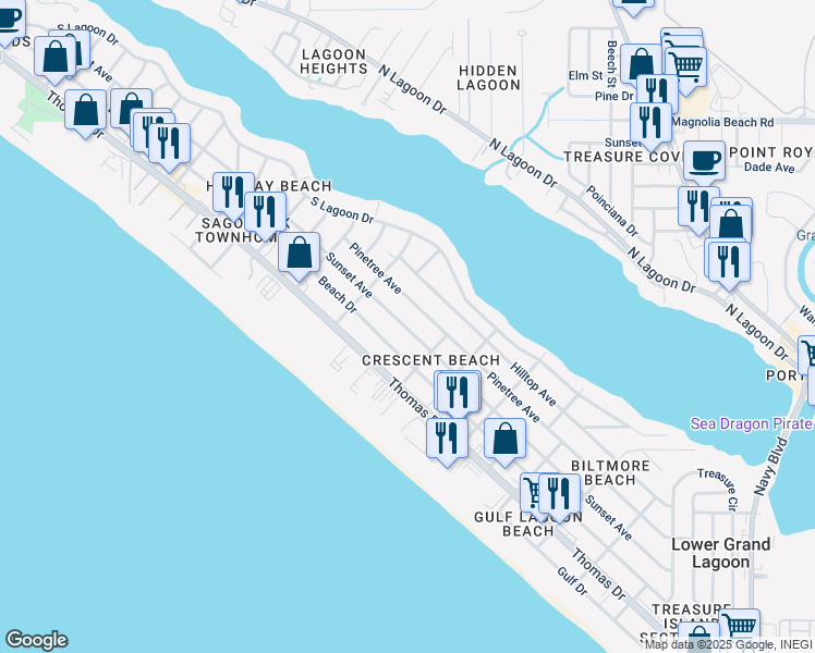 map of restaurants, bars, coffee shops, grocery stores, and more near 6120 Sunset Avenue in Panama City