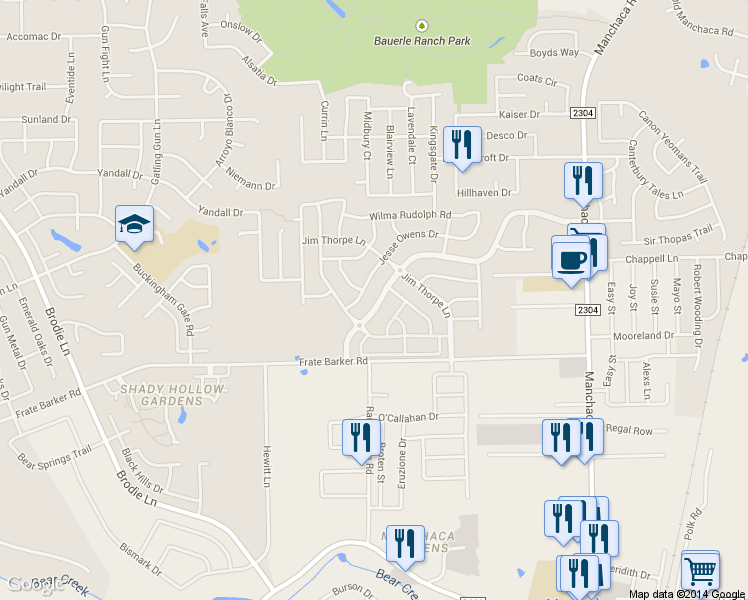 map of restaurants, bars, coffee shops, grocery stores, and more near 2701 James Bausch Lane in Austin