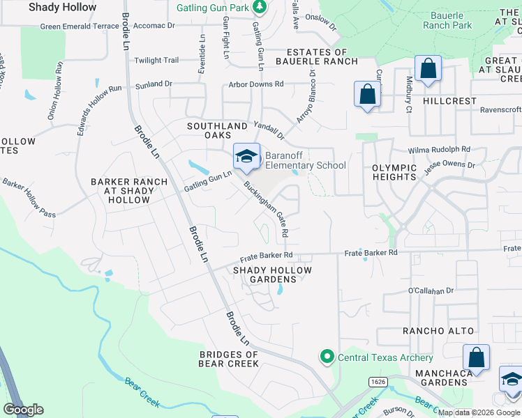 map of restaurants, bars, coffee shops, grocery stores, and more near 12124 Battle Bridge Drive in Austin