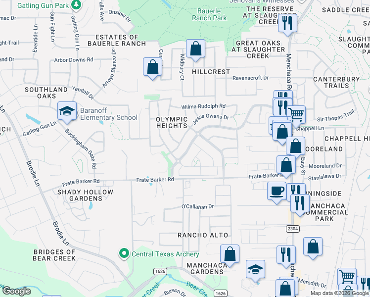map of restaurants, bars, coffee shops, grocery stores, and more near 2609 Marcus Abrams Boulevard in Austin