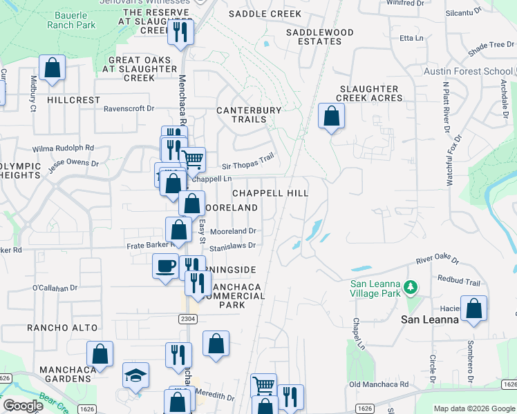 map of restaurants, bars, coffee shops, grocery stores, and more near 11406 Robert Wooding Drive in Austin
