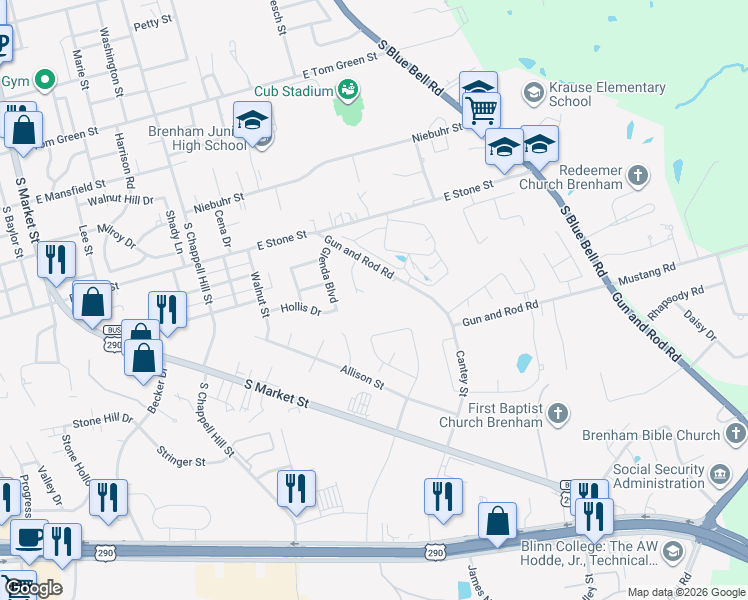 map of restaurants, bars, coffee shops, grocery stores, and more near 1405 Victoria Street in Brenham