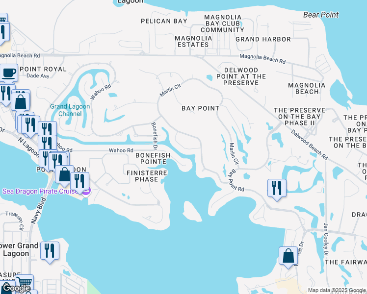map of restaurants, bars, coffee shops, grocery stores, and more near 1109 Redfish Circle in Panama City