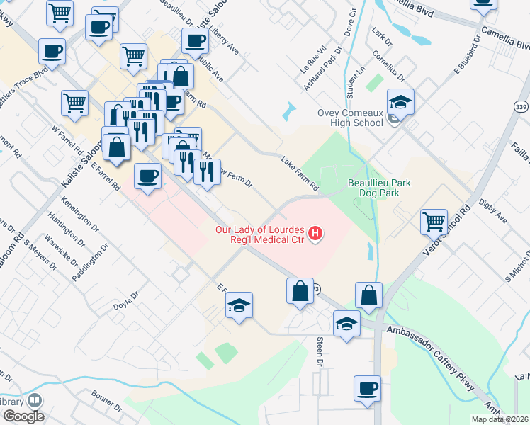 map of restaurants, bars, coffee shops, grocery stores, and more near 200 Frem Boustany Drive in Lafayette