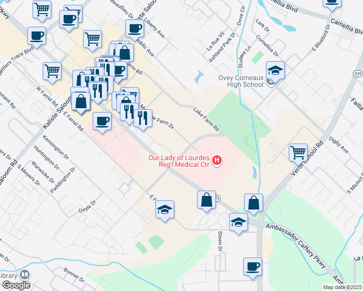map of restaurants, bars, coffee shops, grocery stores, and more near 200 Frem Boustany Drive in Lafayette