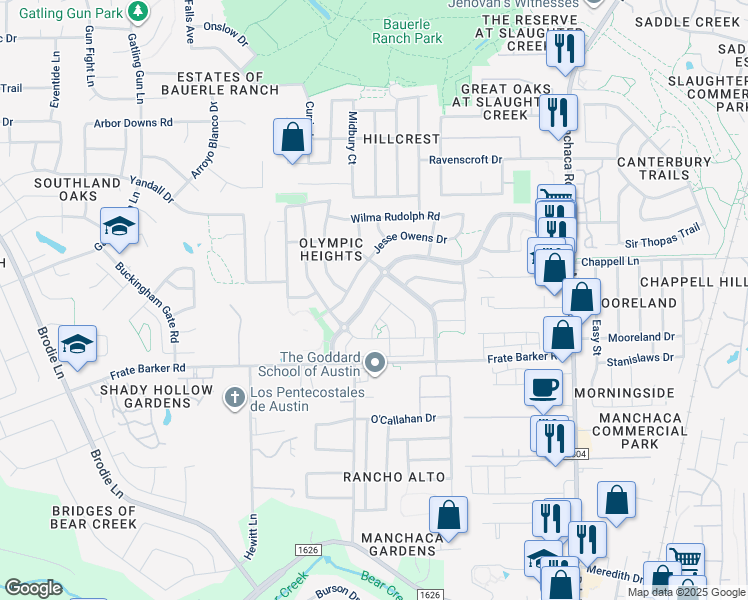 map of restaurants, bars, coffee shops, grocery stores, and more near 2609 Marcus Abrams Boulevard in Austin