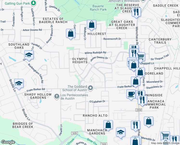 map of restaurants, bars, coffee shops, grocery stores, and more near 2609 Marcus Abrams Boulevard in Austin