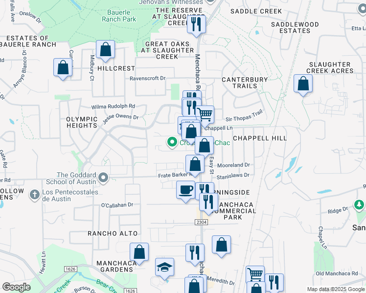 map of restaurants, bars, coffee shops, grocery stores, and more near 11600 Menchaca Road in Austin