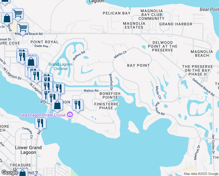 map of restaurants, bars, coffee shops, grocery stores, and more near 542-550 Wahoo Road in Panama City