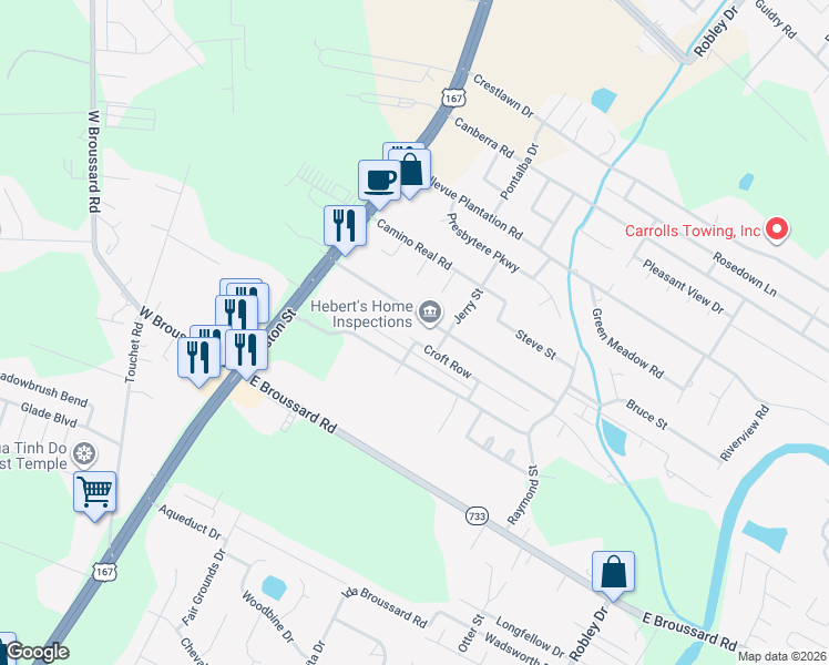 map of restaurants, bars, coffee shops, grocery stores, and more near 302 Croft Row in Lafayette