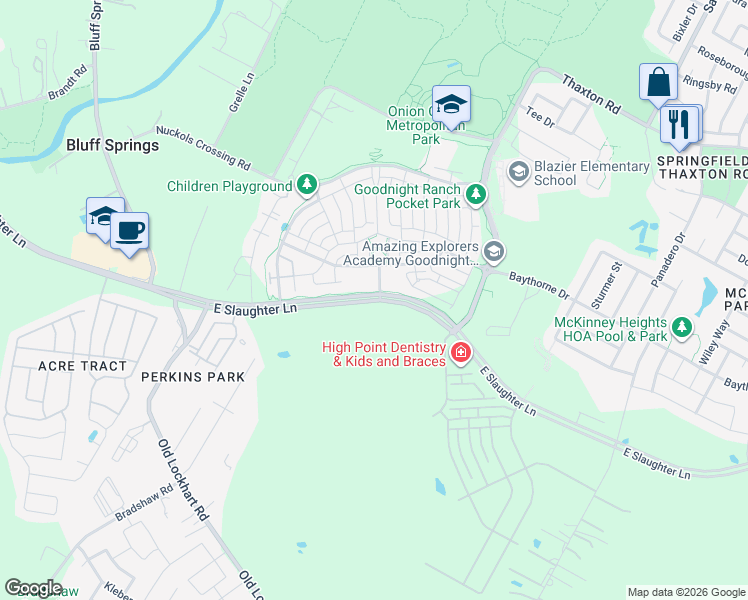map of restaurants, bars, coffee shops, grocery stores, and more near East Slaughter Lane in Austin