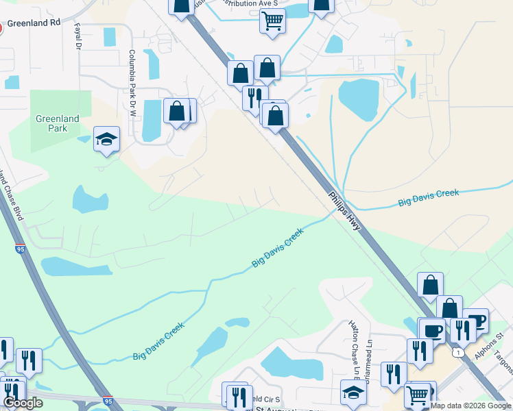 map of restaurants, bars, coffee shops, grocery stores, and more near 6778 Greenland Chase Boulevard in Jacksonville