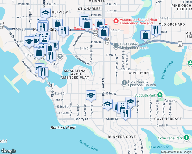 map of restaurants, bars, coffee shops, grocery stores, and more near 310 Hamilton Avenue in Panama City