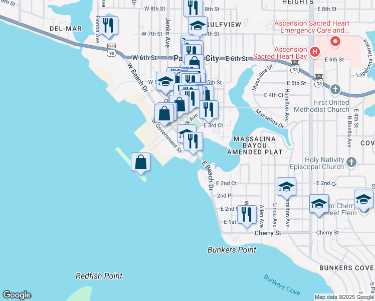 map of restaurants, bars, coffee shops, grocery stores, and more near 200 East Beach Drive in Panama City