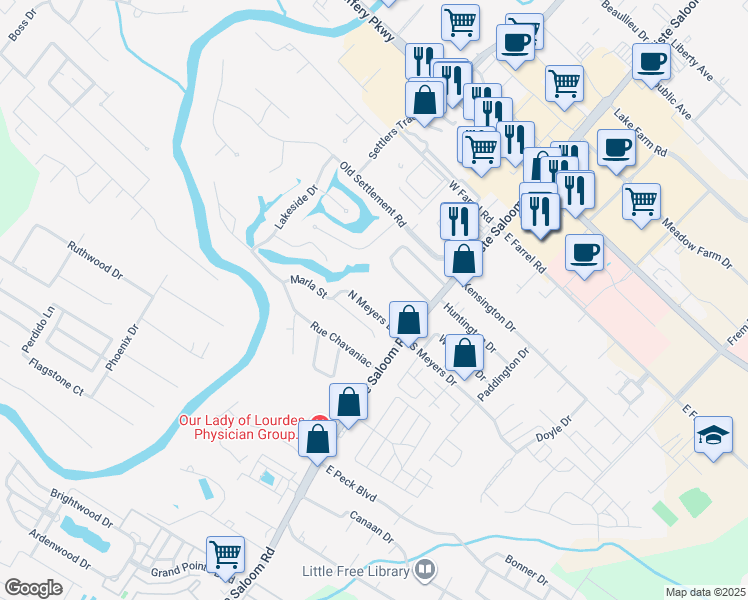 map of restaurants, bars, coffee shops, grocery stores, and more near 114 North Meyers Drive in Lafayette