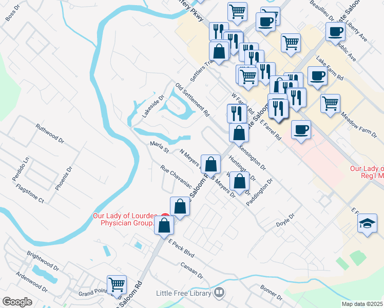 map of restaurants, bars, coffee shops, grocery stores, and more near 114 North Meyers Drive in Lafayette