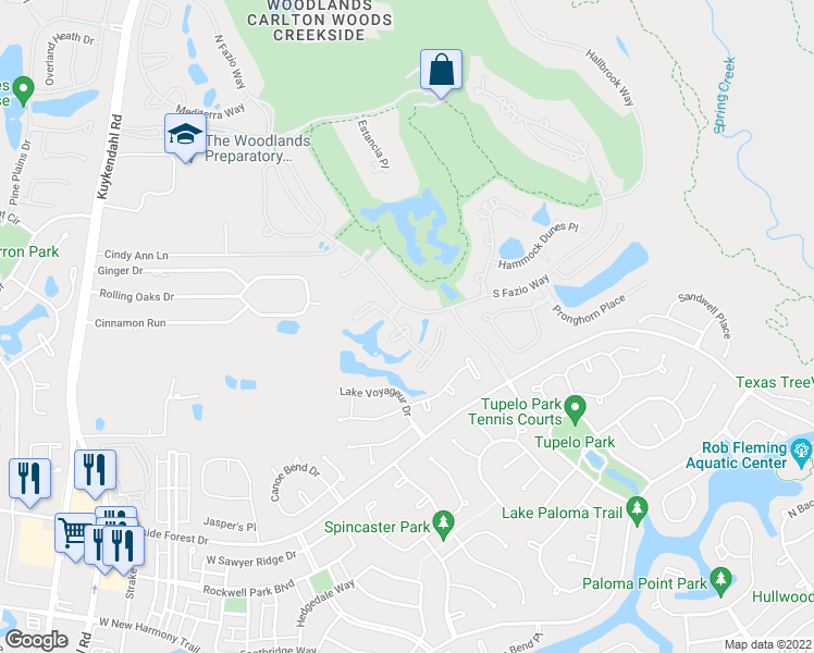 map of restaurants, bars, coffee shops, grocery stores, and more near 4 North Bayou Club Court in Spring