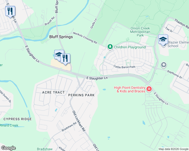 map of restaurants, bars, coffee shops, grocery stores, and more near 2022 East Slaughter Lane in Austin