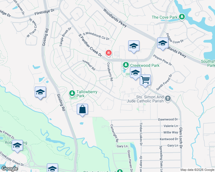 map of restaurants, bars, coffee shops, grocery stores, and more near 61 South Waxberry Road in The Woodlands