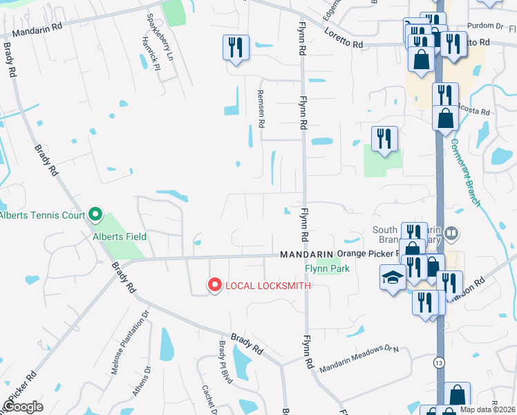map of restaurants, bars, coffee shops, grocery stores, and more near 12022 Michaelson Court in Jacksonville
