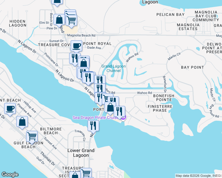 map of restaurants, bars, coffee shops, grocery stores, and more near 528 Wahoo Road in Panama City