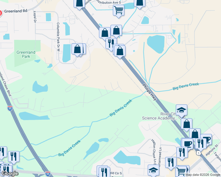 map of restaurants, bars, coffee shops, grocery stores, and more near 6778 Greenland Chase Boulevard in Jacksonville