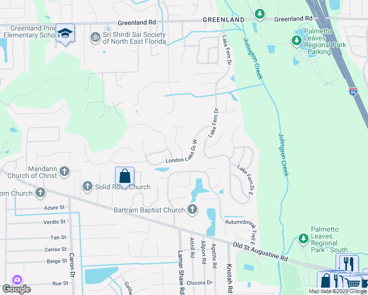 map of restaurants, bars, coffee shops, grocery stores, and more near 5477 London Lake Drive West in Jacksonville