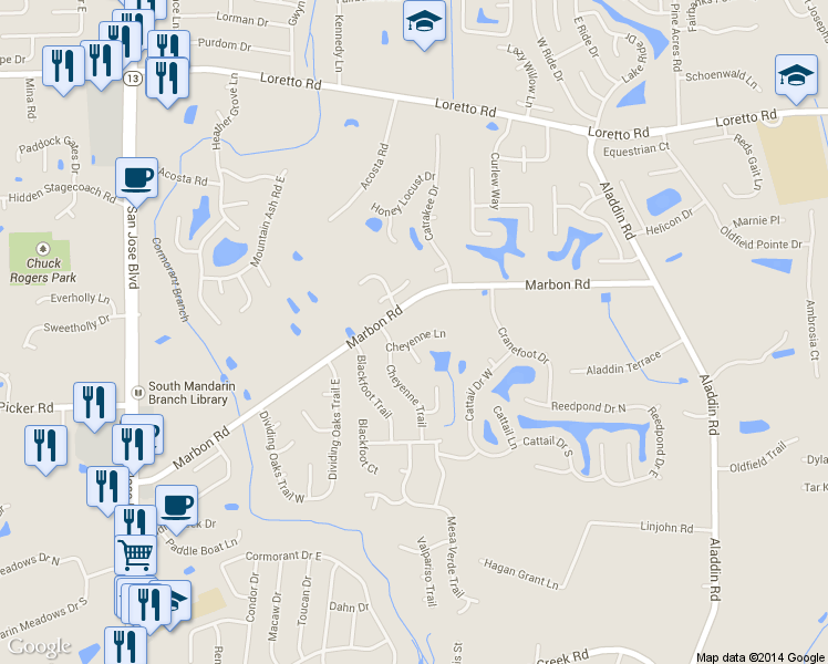 map of restaurants, bars, coffee shops, grocery stores, and more near 3382 Cheyenne Lane in Jacksonville