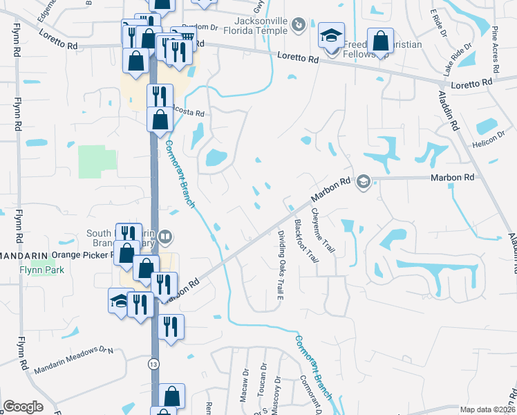 map of restaurants, bars, coffee shops, grocery stores, and more near 3285 Marbon Road in Jacksonville