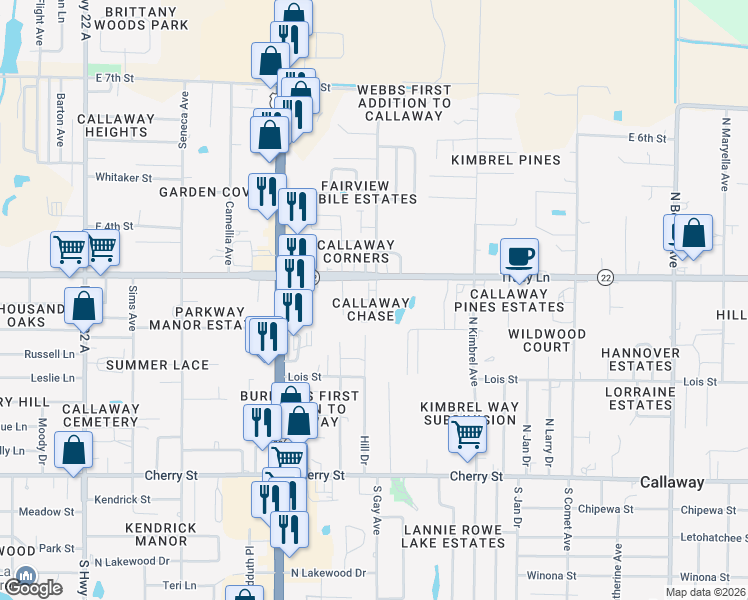 map of restaurants, bars, coffee shops, grocery stores, and more near 241 Callaway Chase Lane in Panama City