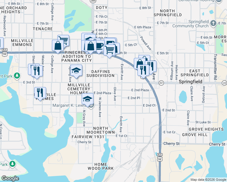map of restaurants, bars, coffee shops, grocery stores, and more near E 2nd Place East in Panama City