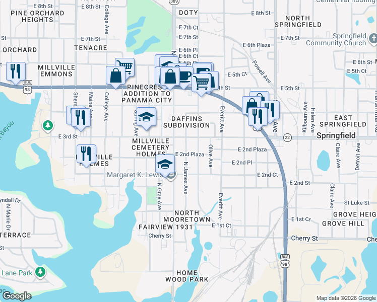 map of restaurants, bars, coffee shops, grocery stores, and more near 231-225 North James Avenue in Panama City