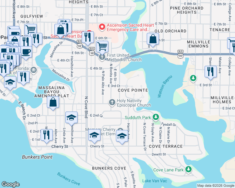 map of restaurants, bars, coffee shops, grocery stores, and more near 306 Mercedes Avenue in Panama City