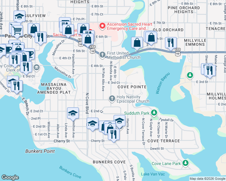 map of restaurants, bars, coffee shops, grocery stores, and more near 308 North Bonita Avenue in Panama City